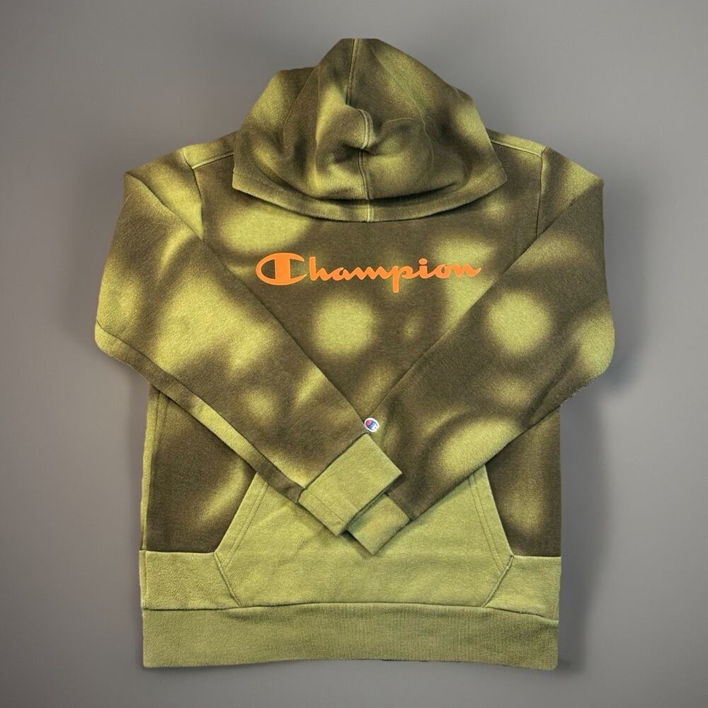 Champion Youth Medium 10/12 Olive Bleach Dye Hoodie Spell Out Sweatshirt -654